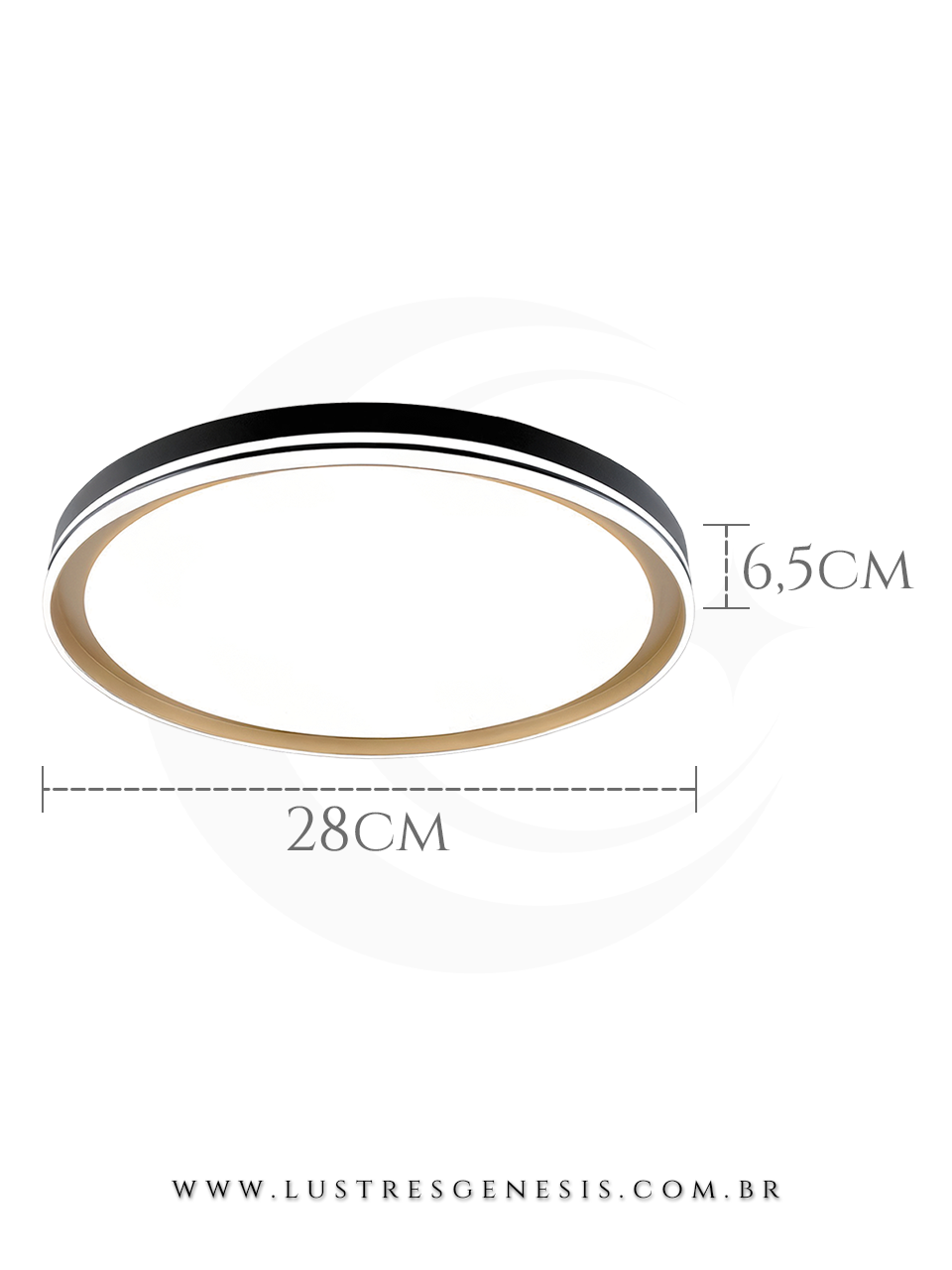 Plafon moderno redondo de 28cm Meko com 3 LEDs integrados, acabamento branco e detalhe dourado, ideal para quartos, sala de estar, hall de entrada ou escrit&oacute;rio.